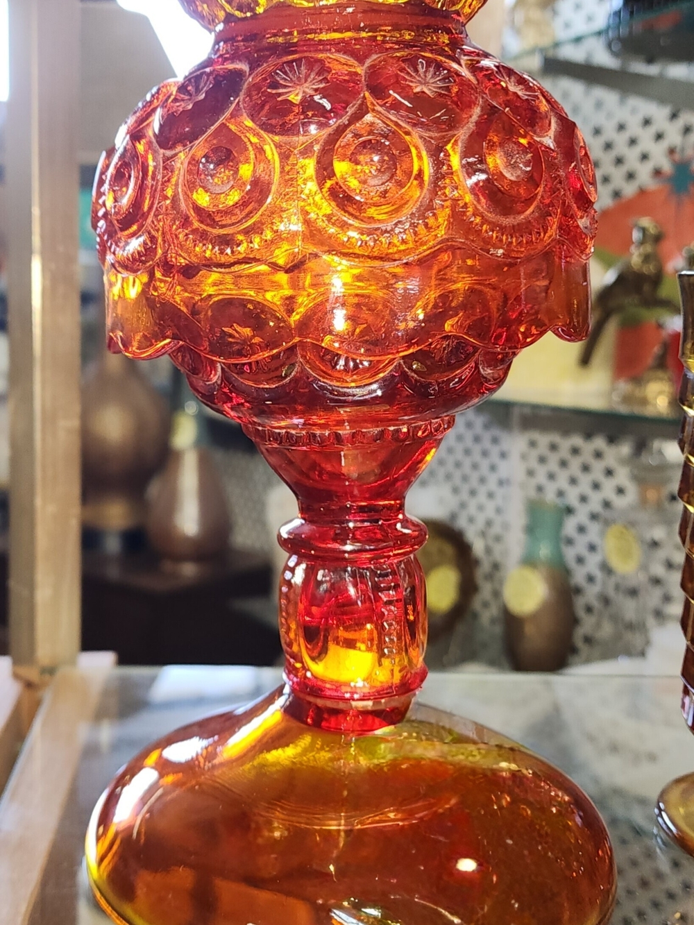 Vintage LE Smith Moon & Stars Amberina Glass Pedestal Fairy Lamp